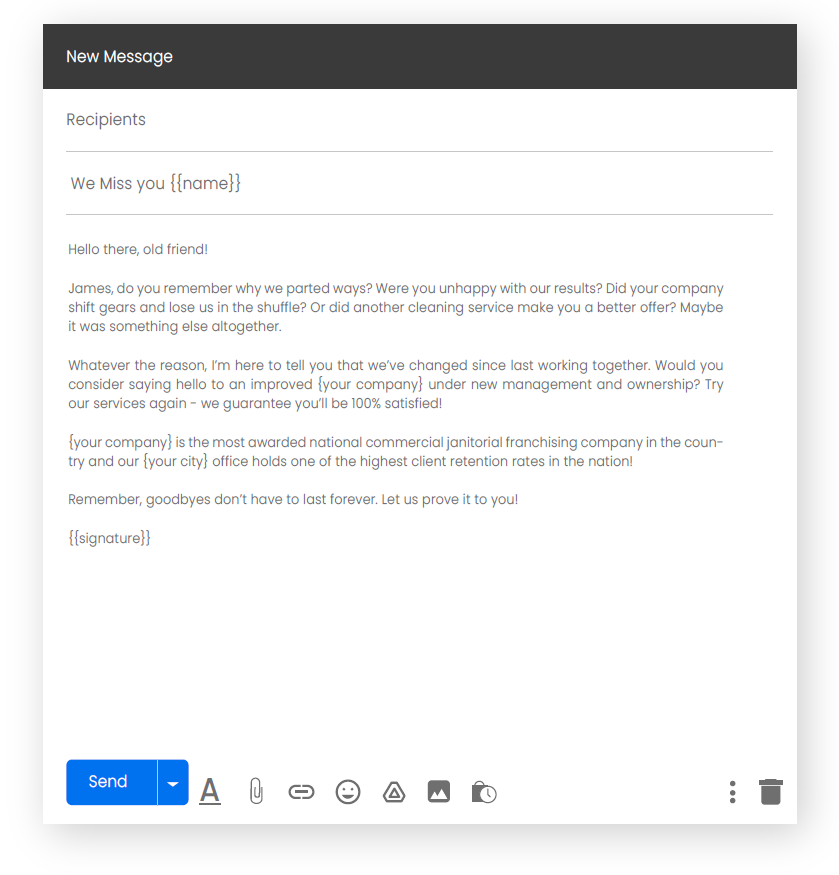 an email template for commercial cleaning business, a cancellation email