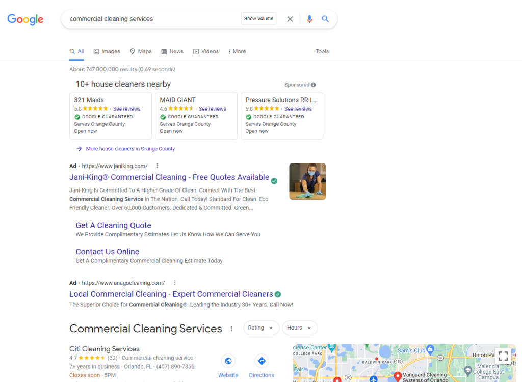 Google's Search Engine Results Page for the keyword "Commercial Cleaning Services"